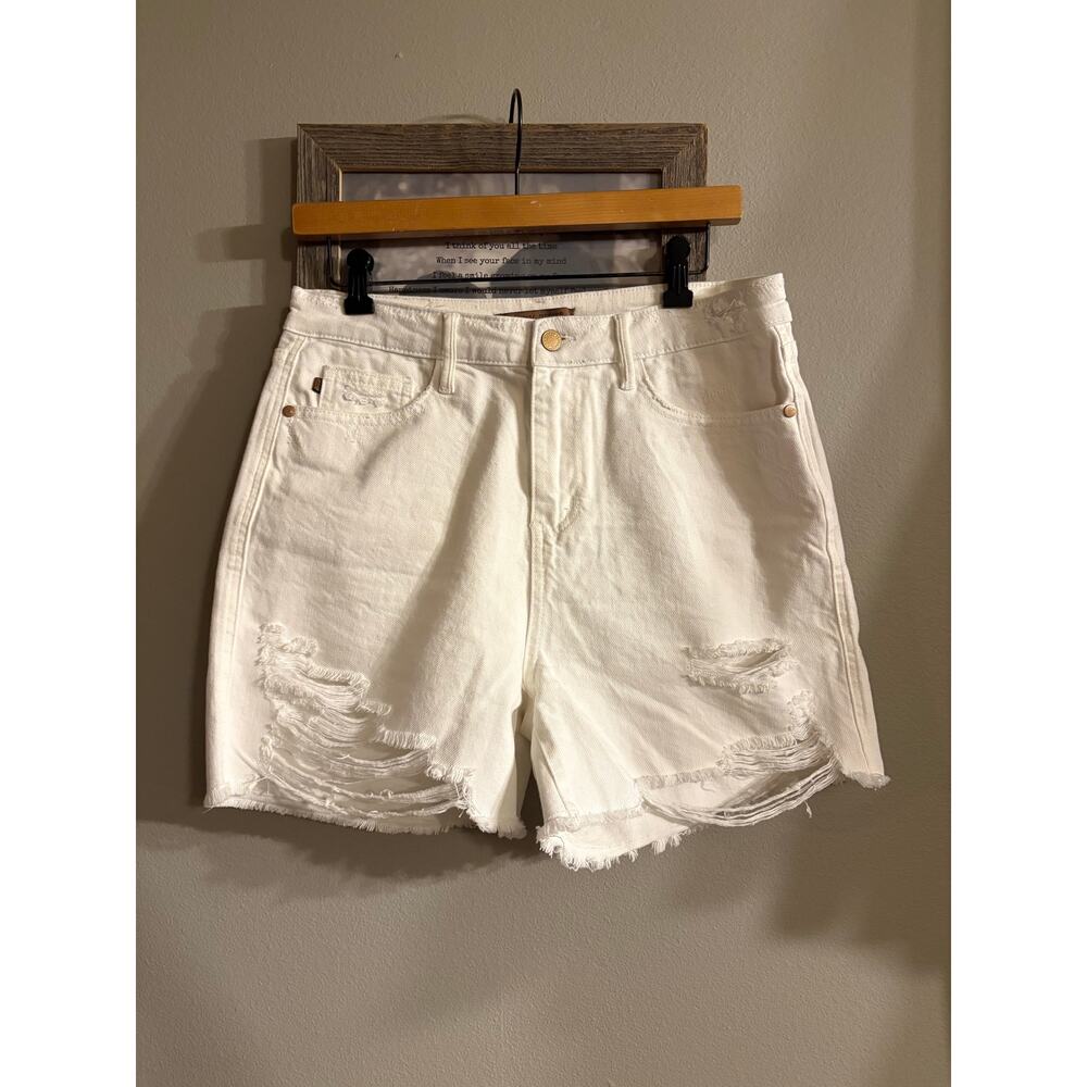 Judy Blue Cream Distressed High-Rise Denim Shorts